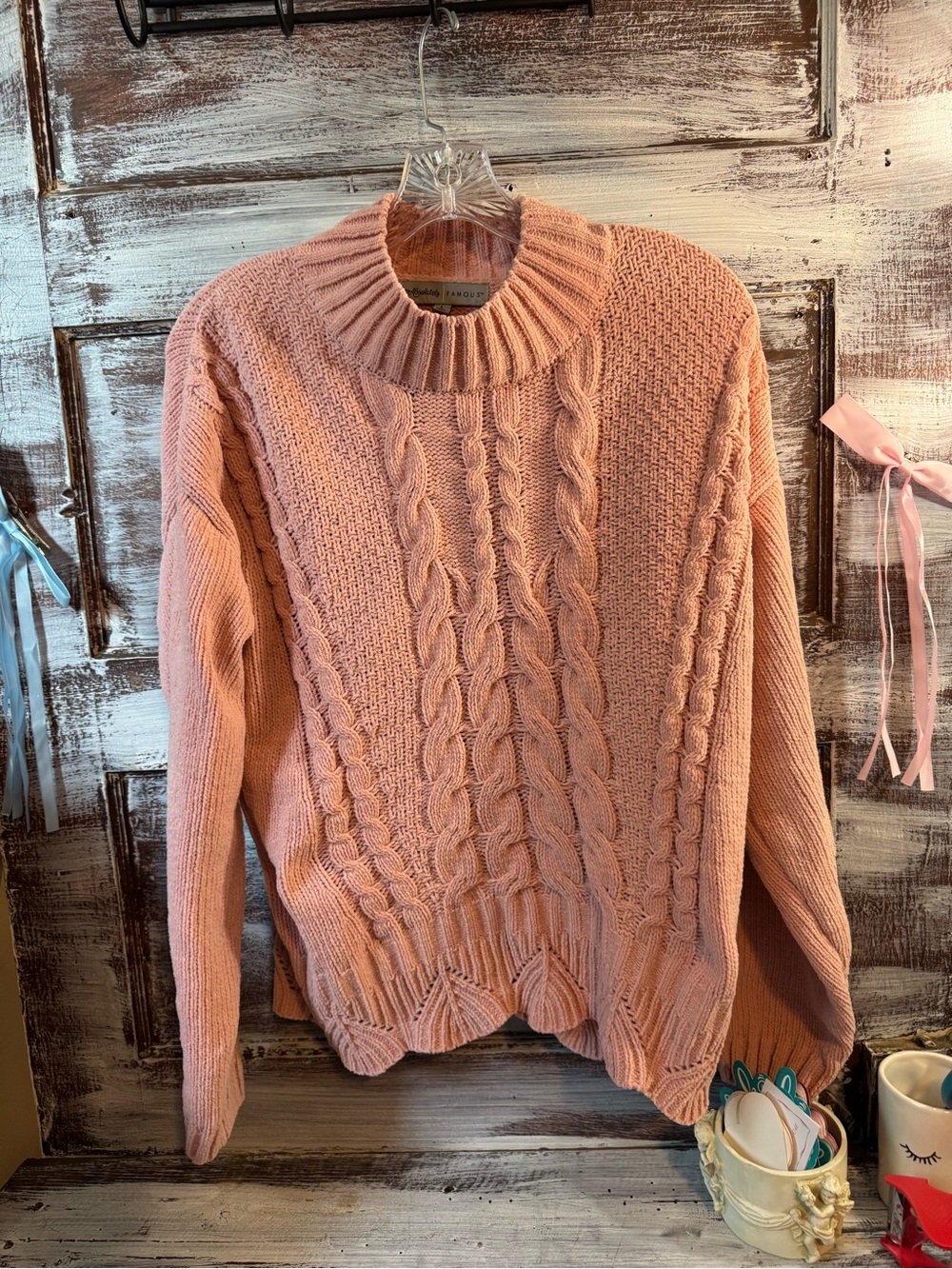Absolutely Famous Dusty Pink Cable Knit Turtleneck Sweater